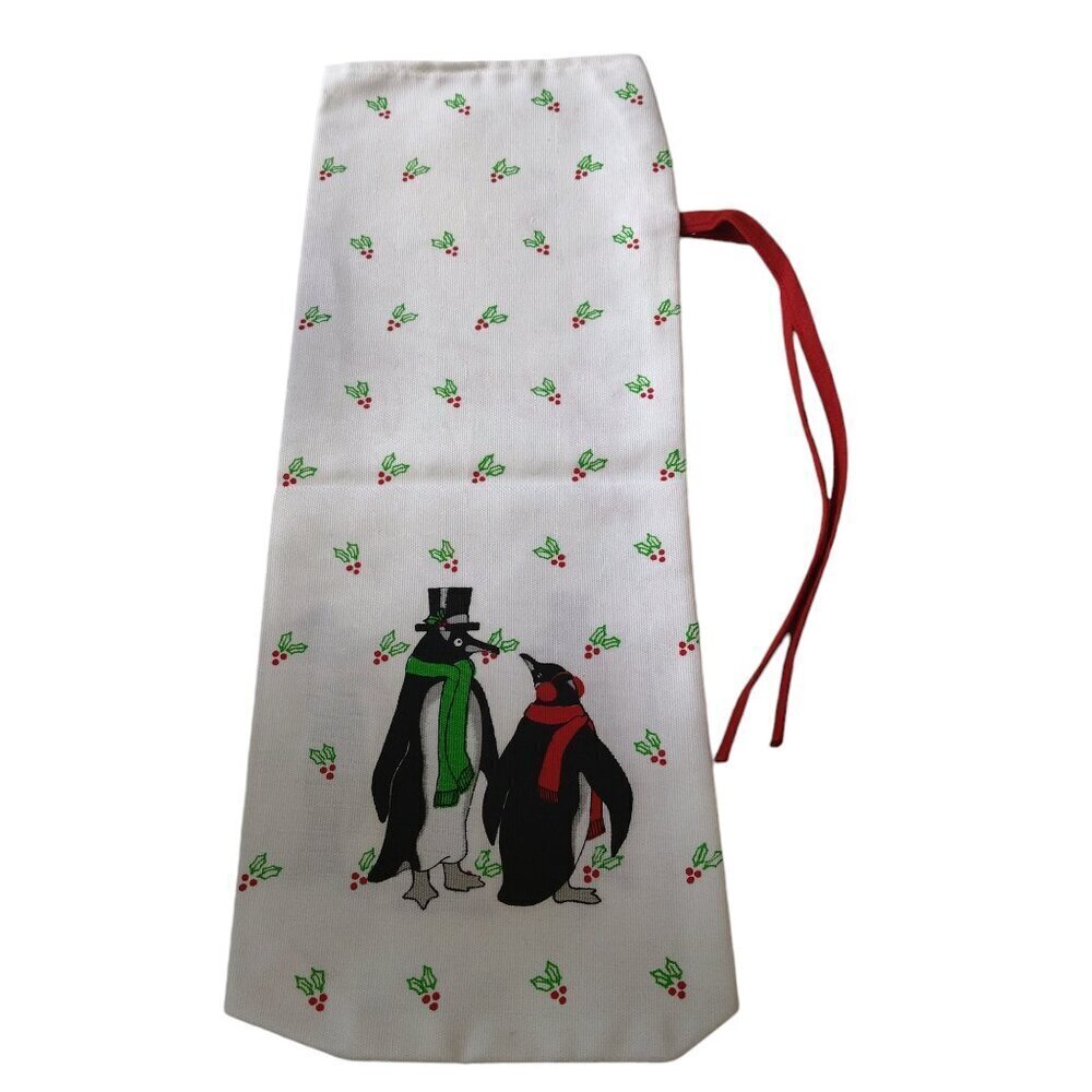 Wine Bottle Cloth Gift Bag Christmas Greetings Penguins Holly With Red Tie CB1 - Picture 4 of 4